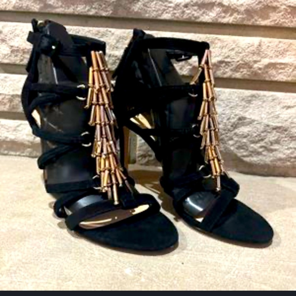 Brian Atwood suede black gold embellished heel evening open toe formal fall $700